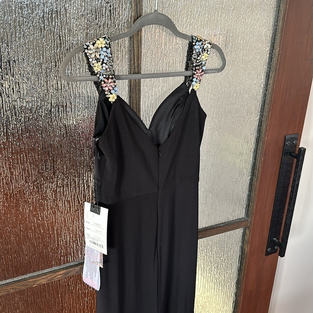 Mac Duggal Floral Strap High Slit Black Maxi Dress Size 0 Stretch 77830 Formal - Picture 9 of 12